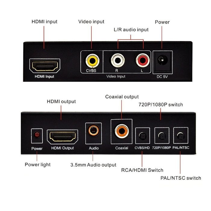 Udigital 1080P 3RCA CVBS L/R Audio or HDMI to HDMI Converter Box with Coaxial and 3.5mm Audio Output Upscaler