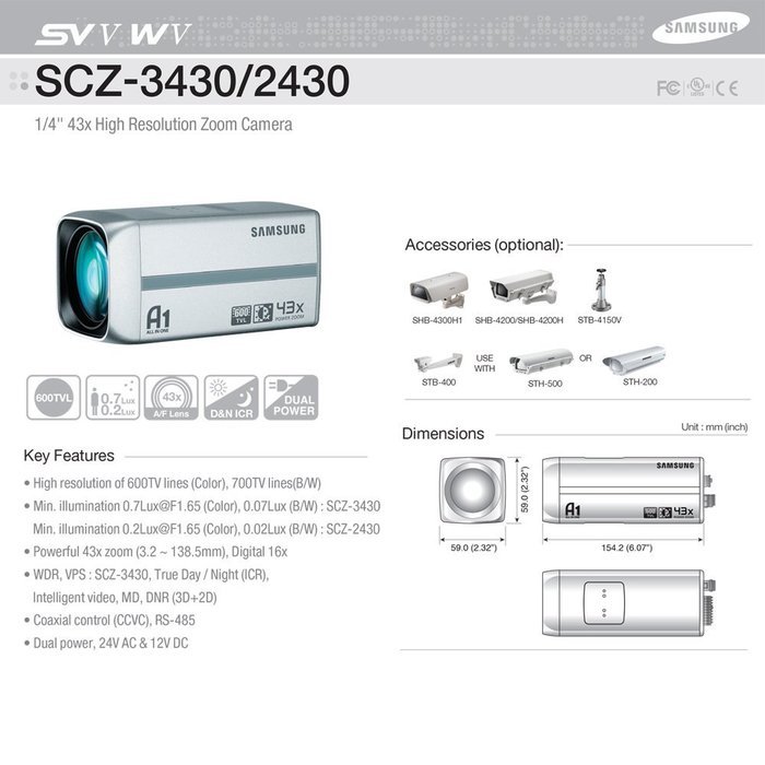 Analog Zoom Box Camera (1/4 Inch Tru Day/Nighticr 43X Optical) - Model#: scz-3430