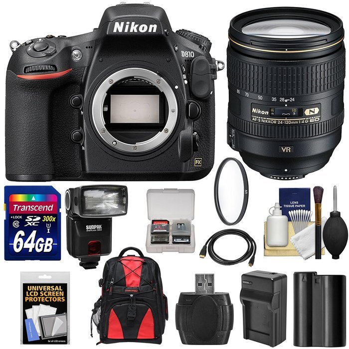 Nikon D810 Digital SLR Camera & 24-120mm f/4 VR Lens with 64GB Card + Backpack + Flash + Battery & Charger + Kit N2