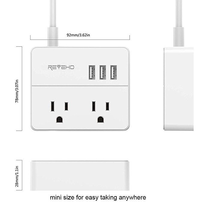 Power Strip for Travel, Reyeho 2 AC Outlet with 3 USB Travel Charging Station Smart Ports for iPhone, Laptop,... N3