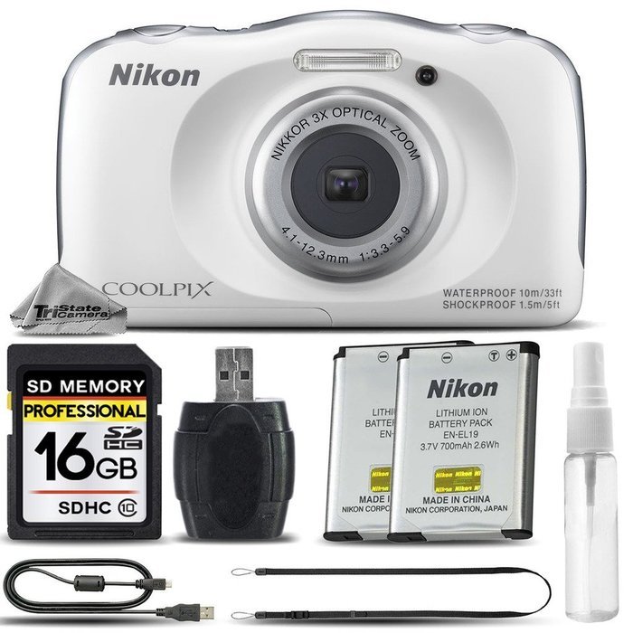 Nikon COOLPIX S33 Digital Waterproof & Freezeproof Full HD 1080p Camera (White) + 16GB Class 10 Memory Card +...