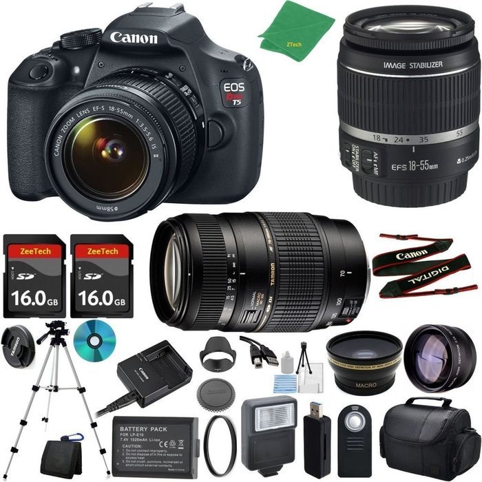 Canon T5 Camera with 18-55mm IS + Tamron 70-300mm AF Lens + 2pcs 16GB Memory + Case + Card Reader + Tripod + ZeeTech...