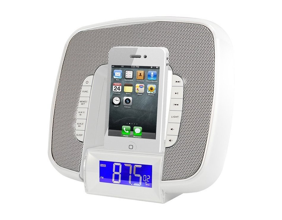PyleHome PICL29W Docking/Aux Input Clock Radio with FM Receiver and Dual Alarm Clock for iPod/iPhone (White) N6