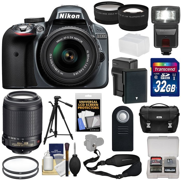 Nikon D3300 Digital SLR Camera & 18-55mm G VR DX II (Black) + 55-200mm VRII Lens + 32GB + Case + Battery/Charger... N2