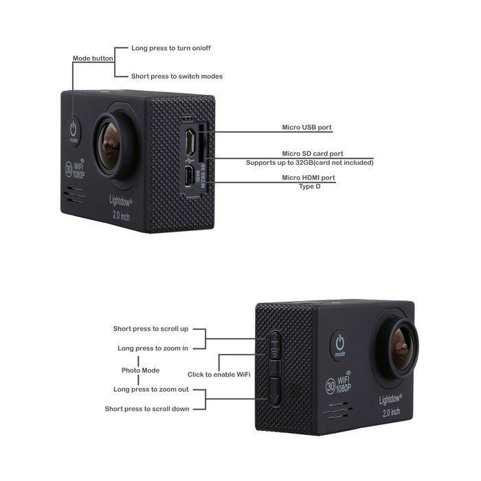 Lightdow LD6000 WiFi 1080P HD Sports Action Camera Bundle with DSP:Novatek NT96655 Chip, 2.0-Inch LTPS LCD, 170... N7