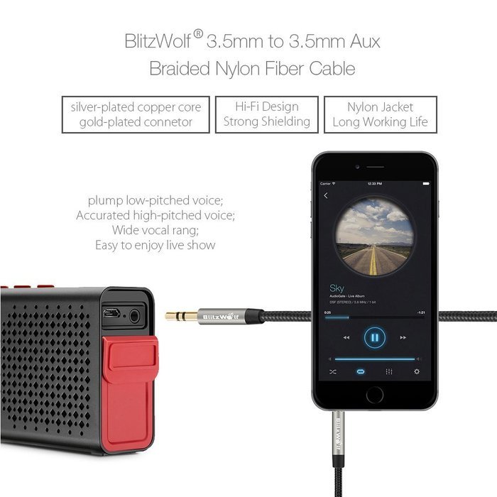 3.5mm AUX Cable, BlitzWolf Braided 3.3ft Universal Audio Cable Cord for Car, iPhone, Samsung, HTC, Sony, Nexus... N3