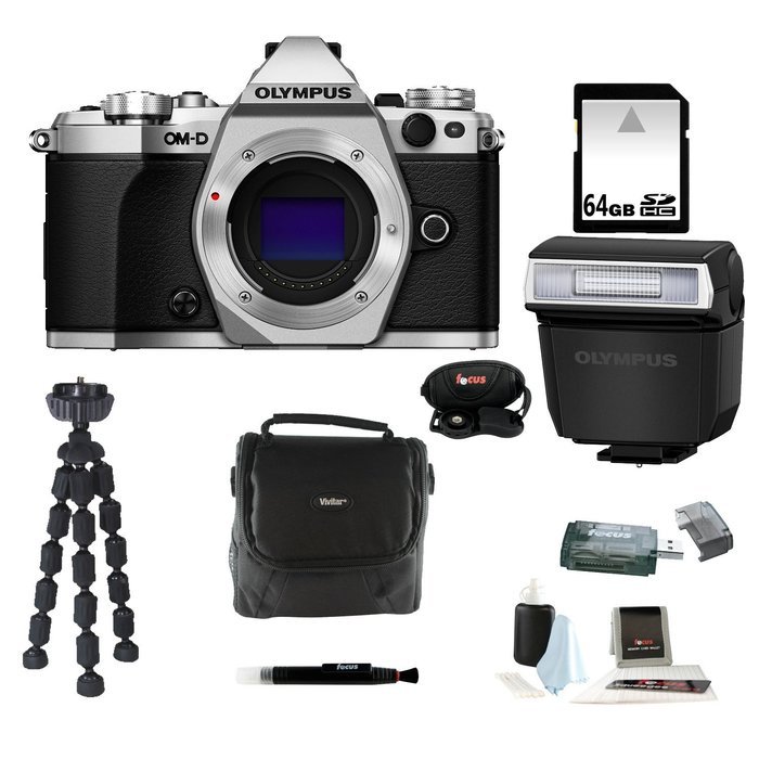 Olympus OM-D E-M5 Mark II Camera Body Silver with Olympus FL-LM3 Flash and 64GB Deluxe Accessory Bundle