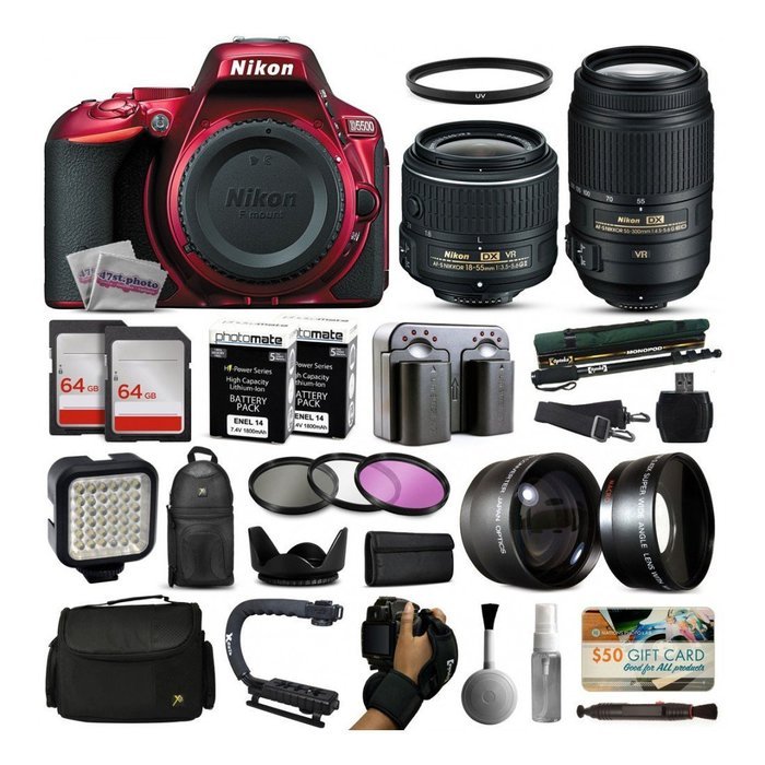 Nikon D5500 Red DSLR Camera + 18-55mm VR II + 55-300mm VR + 128GB Premium Kit
