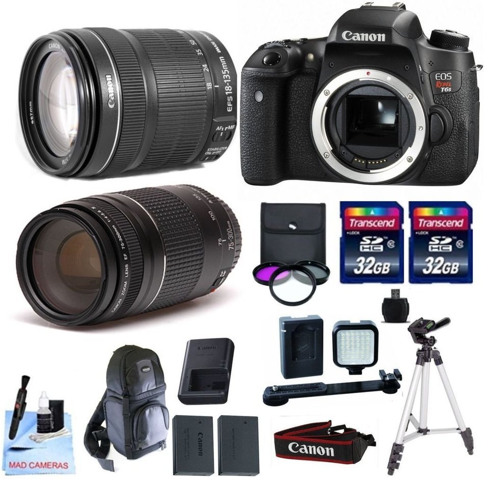 Canon EOS T6s + Canon 18-135mm IS STM + Canon 75-300mm III + 2 32GB Transcend SD Memory Cards + LED Video Light...