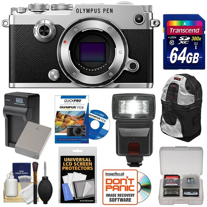 Olympus PEN-F Micro 4/3 Digital Camera Body (Silver) with 64GB Card + Battery & Charger + Backpack Case + Flash... N3