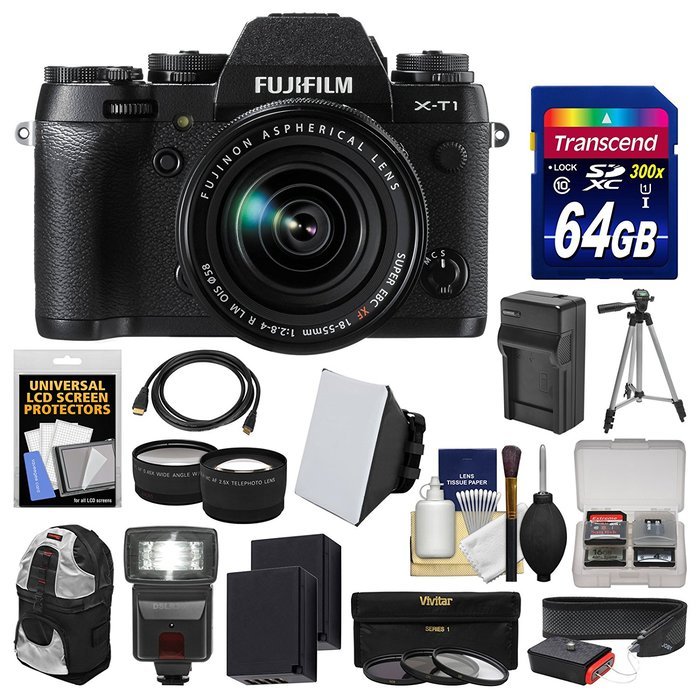 Fujifilm X-T1 Weather Resistant Digital Camera & 18-55mm XF Lens with 64GB Card + Backpack + Flash + Batteries...