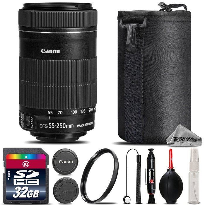 Canon EF-S 55-250mm f/4-5.6 IS STM Lens + 32GB Class 10 High Speed Memory Card + UV Filter + Lens Cap Holder +...
