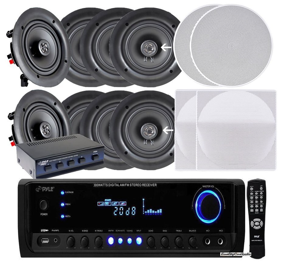 Pyle KTHSP390S 4 Pairs of 150W 5.25" In-Wall / In-Ceiling Stereo White Speakers w/ 300W Digital Home Stereo Receiver... N4