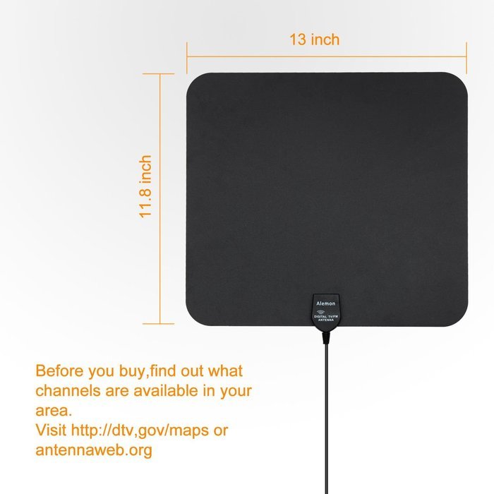 Alemon Ultra Thin Indoor HDTV Antenna with 16.4 Feet Coax Cable - 35 Miles Range - Black N2