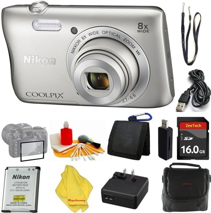 Nikon COOLPIX S3700 Digital Camera with 8x Optical Zoom and Built-In Wi-Fi (Silver)+ Case+16 GB Card+Reader +...