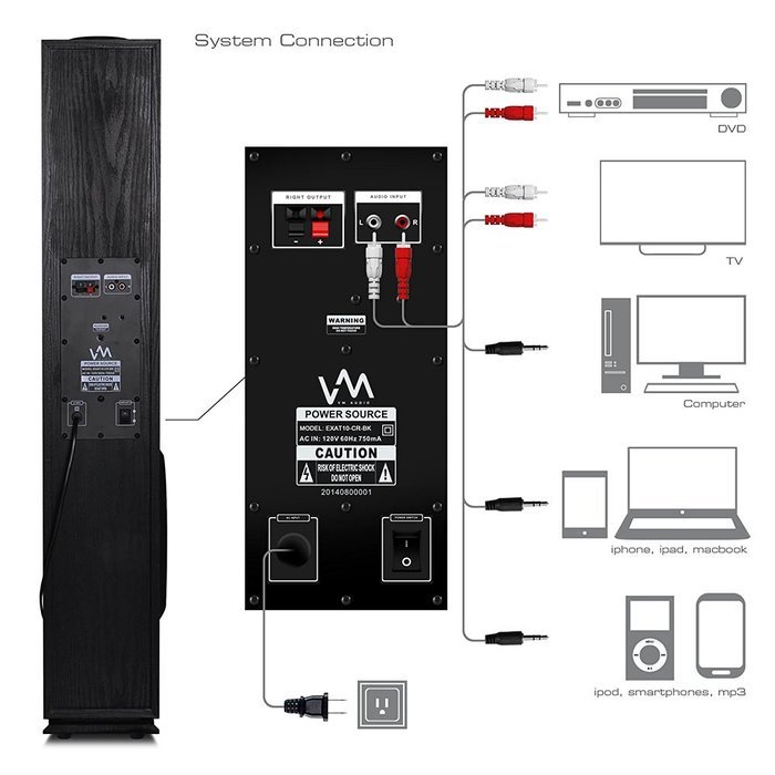 VM Audio Floorstanding Home Bluetooth Tower Speakers, Black (Pair) | SRAT10-BK N5