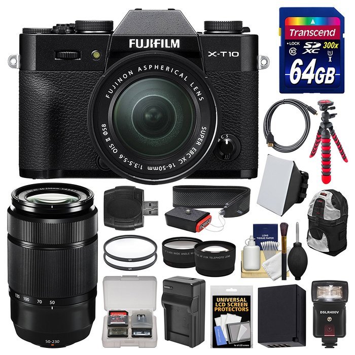 Fujifilm X-T10 Digital Camera & 16-50mm II & 50-230mm II XC Lenses (Black) + 64GB Card + Case + Flash + Battery...