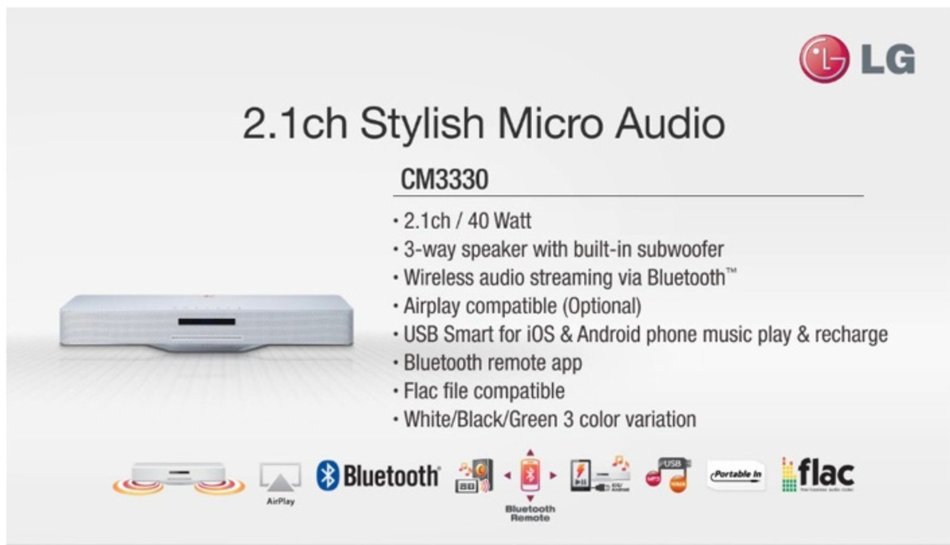 Brand new LG CM3330 2.1ch Stylish Micro Audio System iPod/iPhone/iPad/Bluetooth/flac Dock