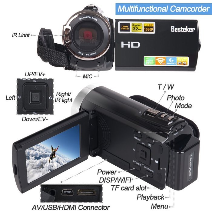 Video Camcorders, Besteker Portable Digital Video Camera Max 20.0 MP 1080P Camcorder HD Support WIFI and IR 3.0...