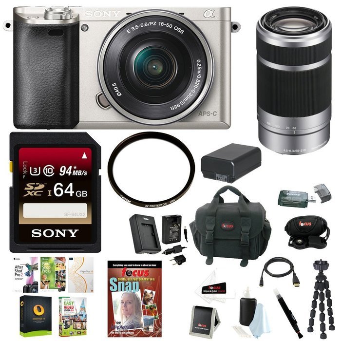 Sony a6000 24.3MP Mirrorless Camera w/ 16-50mm Lens, SEL 55-210mm f/4.5-6.3 E-Mount Lens, 64GB MC, UV Protector...