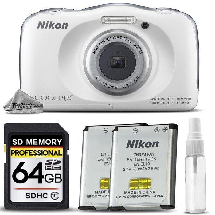 Nikon COOLPIX S33 Digital Waterproof & Freezeproof Full HD 1080p Camera (White) + 64GB Class 10 Memory Card+ Backup... N2