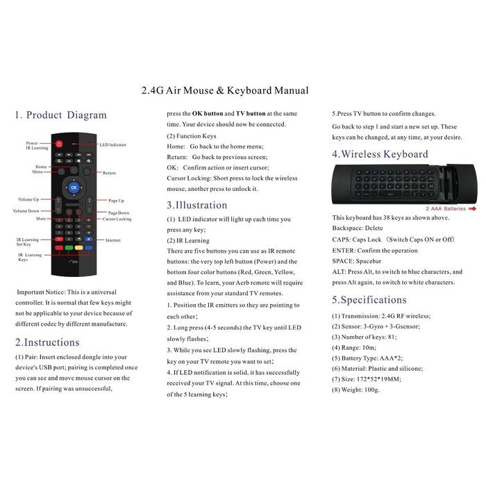 Aerb 2.4G Mini Wireless Keyboard Mouse Multifunctional W Infrared Remote Learning, 3-Gyro and 3-Gsensor, Air Control... N7