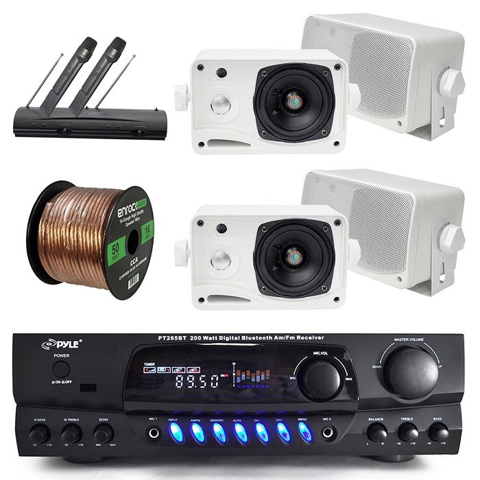 Pyle PT265BT Bluetooth 200 Watt Digital Karakoe Receiver Amplifier Bundle Combo With 4x 3'' Inch 3-Way Wall Mount... N4