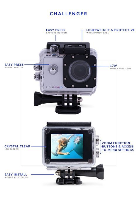 LivePro Challenger 4K UltraHD 16MP Waterproof Action Camera with Accessories Bundle, WiFi Enabled in Silver