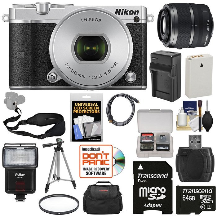 Nikon 1 J5 Wi-Fi Digital Camera & 10-30mm Lens (Silver) with 30-110mm VR Zoom Lens + 64GB Card + Battery + Charger...