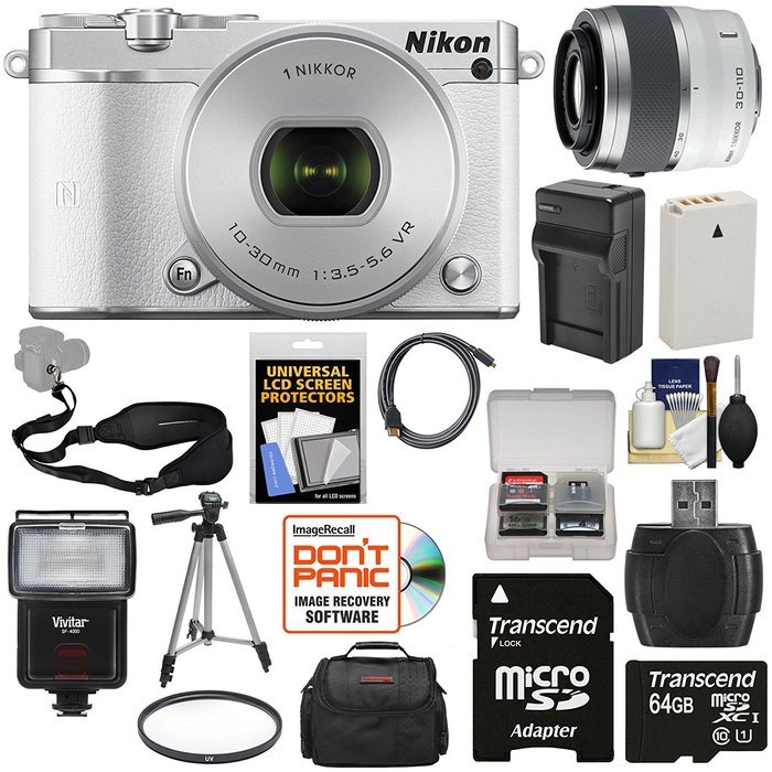 Nikon 1 J5 Wi-Fi Digital Camera & 10-30mm Lens (Silver) with 30-110mm VR Zoom Lens + 64GB Card + Battery + Charger... N3