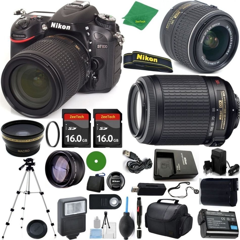 Nikon D7100 International Version - No Warranty, 8-55mm f/3.5-5.6 AF-S DX VR, Nikon 55-200mm f4-5.6G VR, 2pcs...