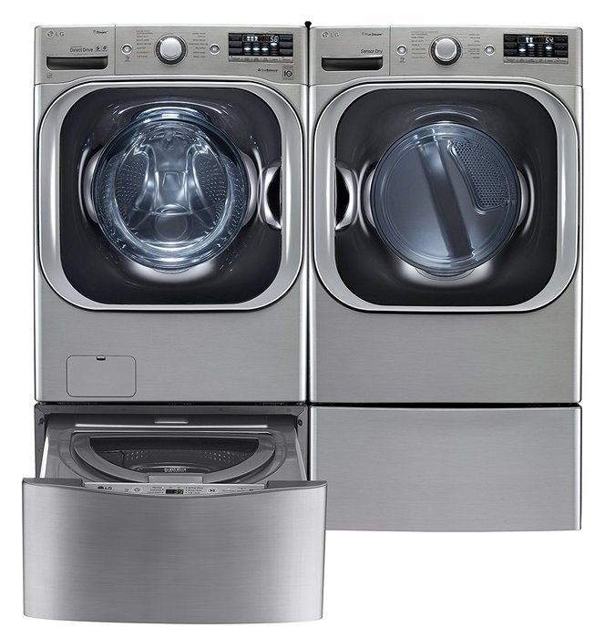 LG TwinWash Graphite Steel Front Load Laundry Pair with WM8000HVA 29" Washer, DLEX8000V 29" Electric Dryer, WD200CV...
