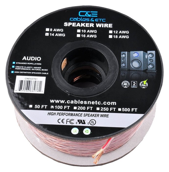 C&E 100 Feet 14AWG Enhanced Loud Oxygen-Free Copper Speaker Wire Cable, CNE62761 N9