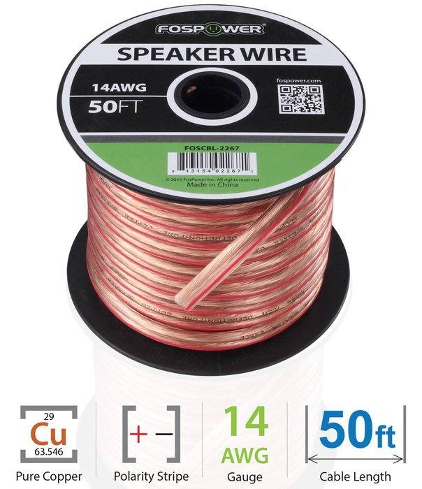 FosPower 14AWG Speaker Wire [14 Gauge | 50 FT] Premium Spooled Oxygen-Free Copper OFC Speaker Wire with Clear... N10