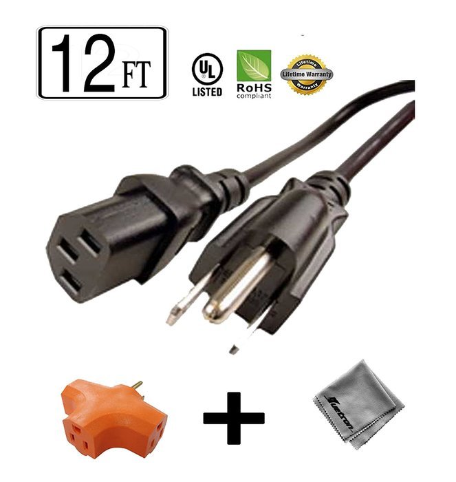 12 ft Long Power Cord for HP Color LaserJet 2600n Printer + Outlet Grounded Power Tap