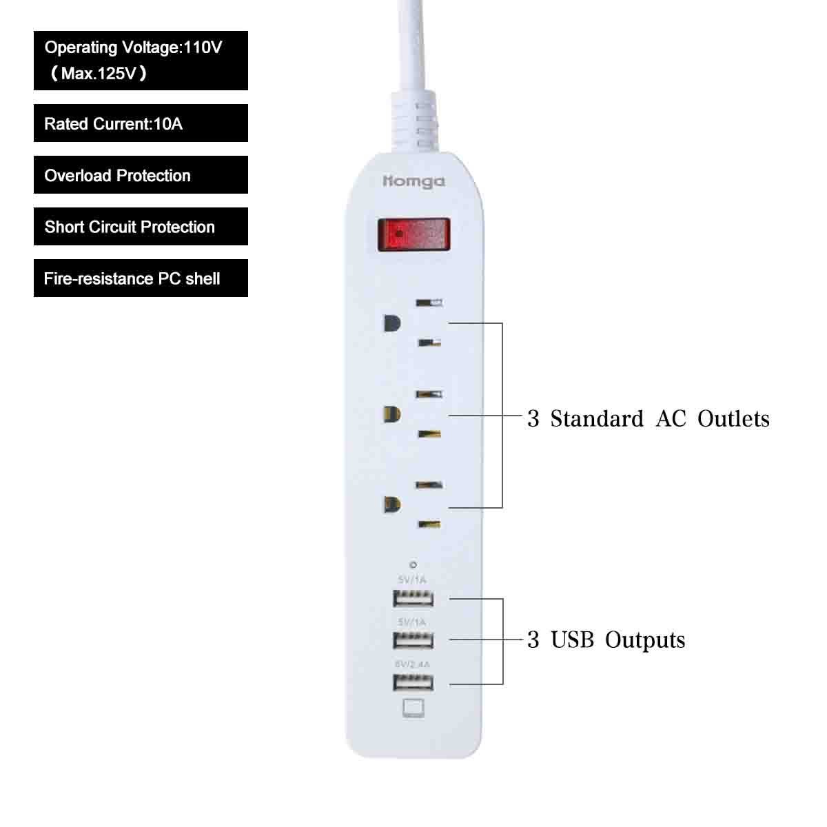 Predolo 6 Outlet Power Strip With 6.6ft Cord For US Plug