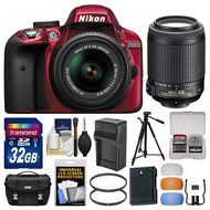 Nikon D3300 Digital SLR Camera &amp; 18-55mm G VR (Red) &amp; 55-200mm VR DX II AF-S Zoom Lens + 32GB Card + Case + Battery...