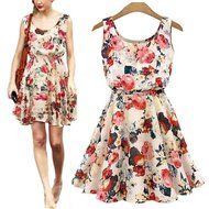 Phoneix Women Flower Printed Round neck Sleeveless Chiffon Dresses N4