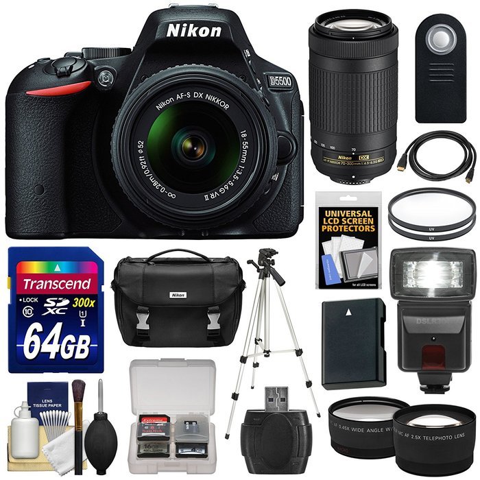 Nikon D5500 Wi-Fi Digital SLR Camera & 18-55mm VR DX II AF-S (Black) with 70-300mm AF-P Lens + 64GB Card + Case...