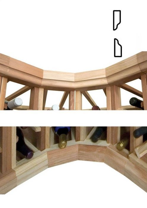 Curved Corner Moulding w 1.44 OG Base & OG Crown (Rustic Pine - Midnight Black Stain)