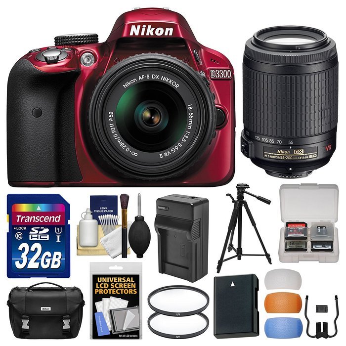 Nikon D3300 Digital SLR Camera & 18-55mm G VR (Red) & 55-200mm VR DX II AF-S Zoom Lens + 32GB Card + Case + Battery...