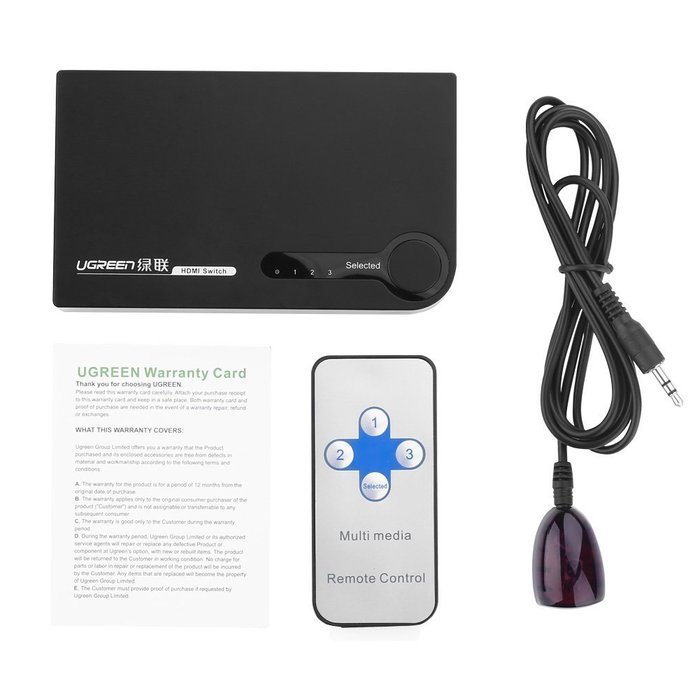Ugreen HDMI Switcher 3x1 with IR Wireless Remote Support 1080P, 3D for Laptop, HD-DVD, PS3, Xbox360, Black N2