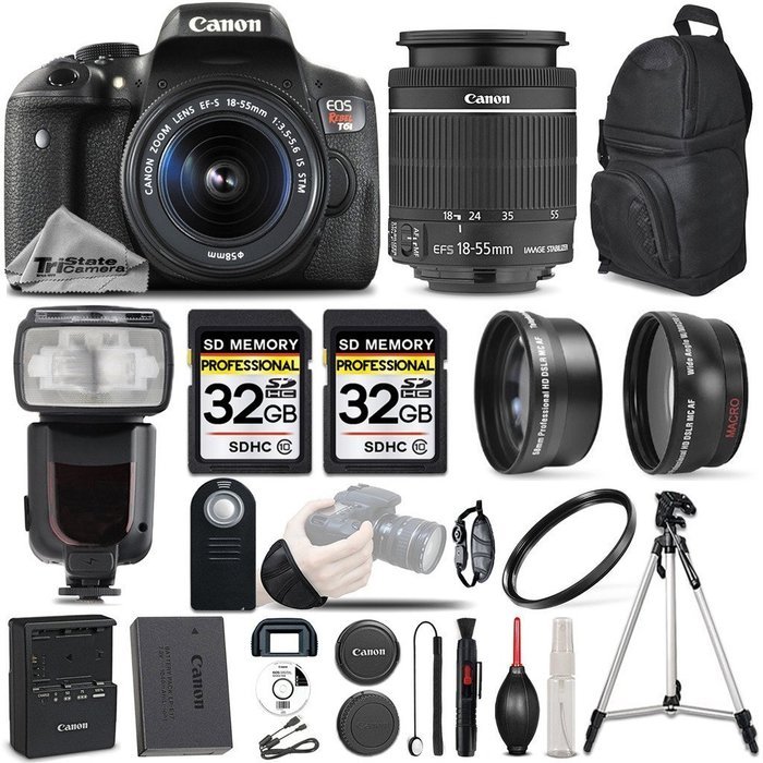 Canon T6i Digital SLR Camera with Canon EF-S 18-55mm f/3.5-5.6 IS STM Lens + WRIST GRIP + PRO FLASH + 64GB - All...