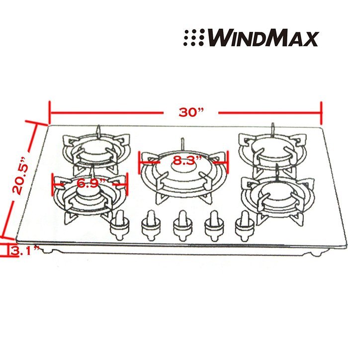 Ship from US !! Windmax 30" Kitchen White Tempered Glass 5 Burners Built-in NG/LPG Gas Cooktops