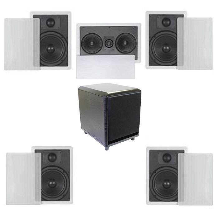 5.1 Home Theater Flush Inwall Speaker Package with Amplified Subwoofer- Four Inwall 6.5" 2-way Speakers, One Inwall... N2