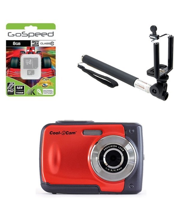 iON Cool-iCam s1000 8MP Waterproof Digital Camera with 4x Digital Zoom and 2.4-inch LCD Screen (Red) W/ 8GB MicroSD...
