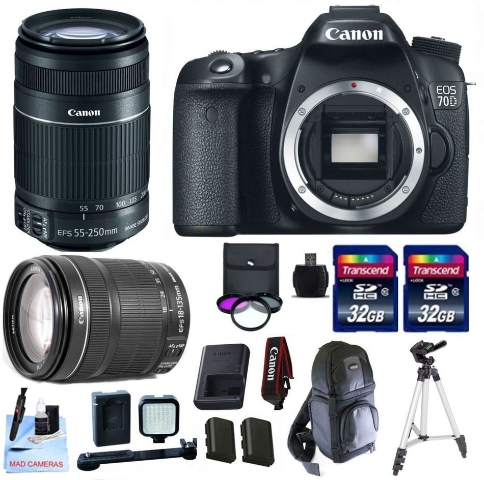 Canon 70D + Canon 18-135mm IS STM + Canon 55-250mm IS STM + 2 32GB Transcend SD Memory Cards + LED Video Light...