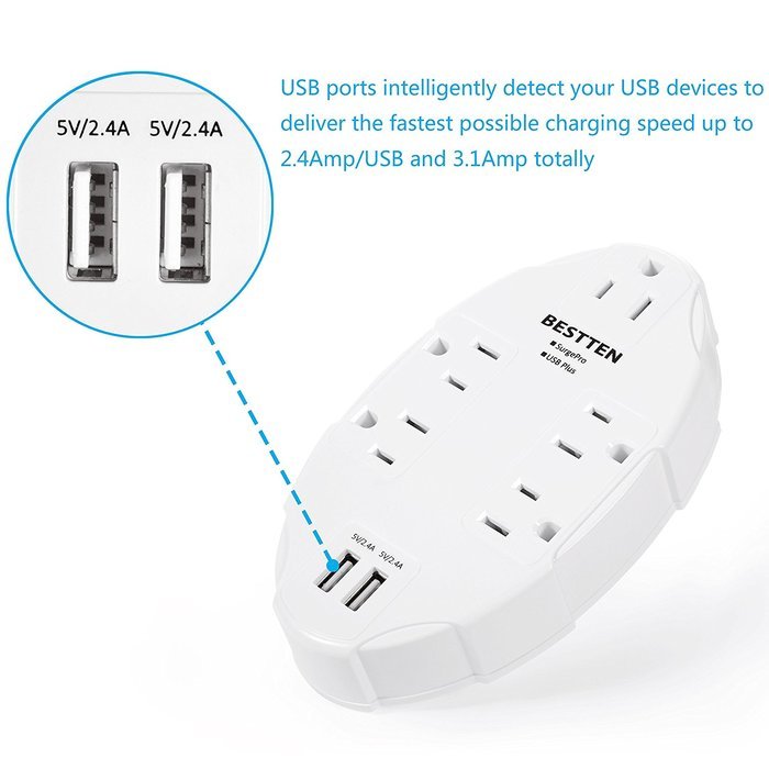 Bestten Wall Outlet Surge Protector with USB Charging, 5 AC Outlets & 2 USB Ports, ETL Certified N5