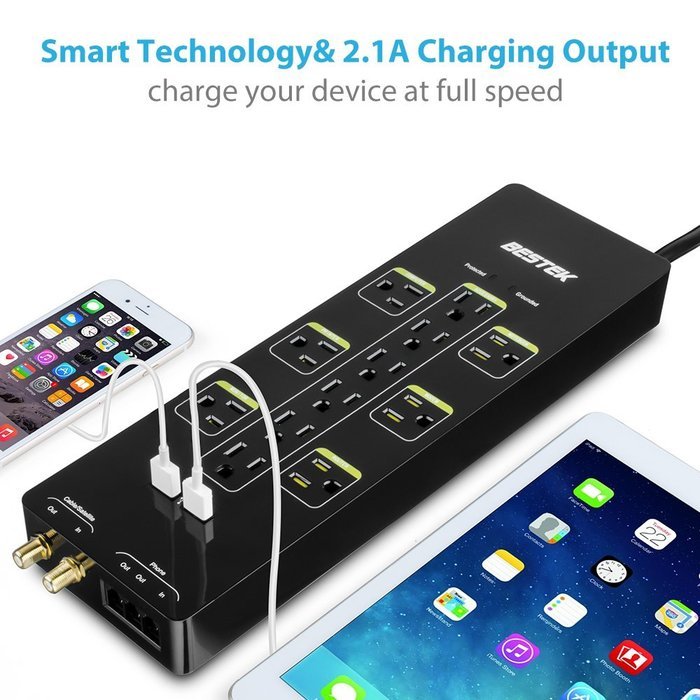 BESTEK 12-Outlet Power Strip Surge Protector 6-Foot Cord with Dual Smart USB and Ethernet / Cable / Satellite... N4