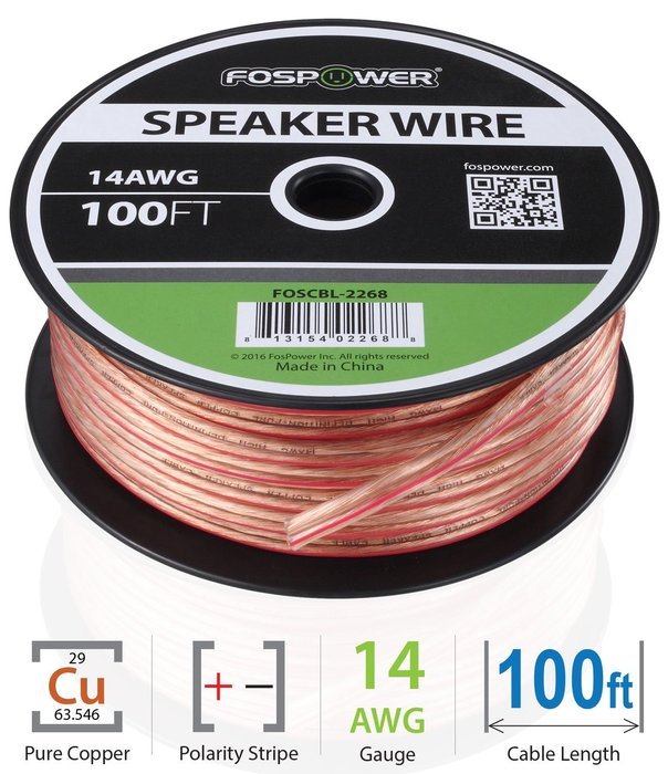 FosPower 14AWG Speaker Wire [14 Gauge | 50 FT] Premium Spooled Oxygen-Free Copper OFC Speaker Wire with Clear... N15